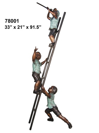 Three Kids Climbing Ladder Statue Patina