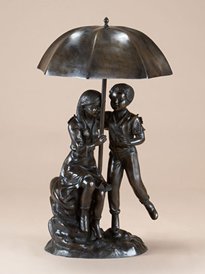 Bronze Boy and Girl under Umbrella Fountain
