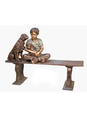 Bronze Girl with Two Dogs Sitting on Bench Bronze Girl with Two Dogs Sitting on Bench