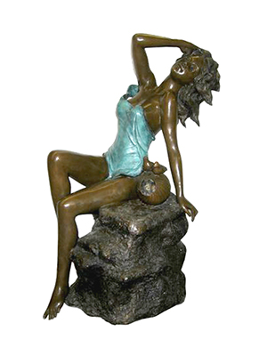 Bronze Girl Sunbathing on a Rock Fountain