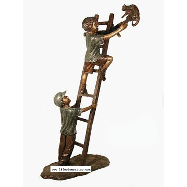 Bronze Kids ( two Boys ) climbing a Ladder to rescue a Cat Bronze Kids ( two Boys ) climbing a Ladder to rescue a Cat