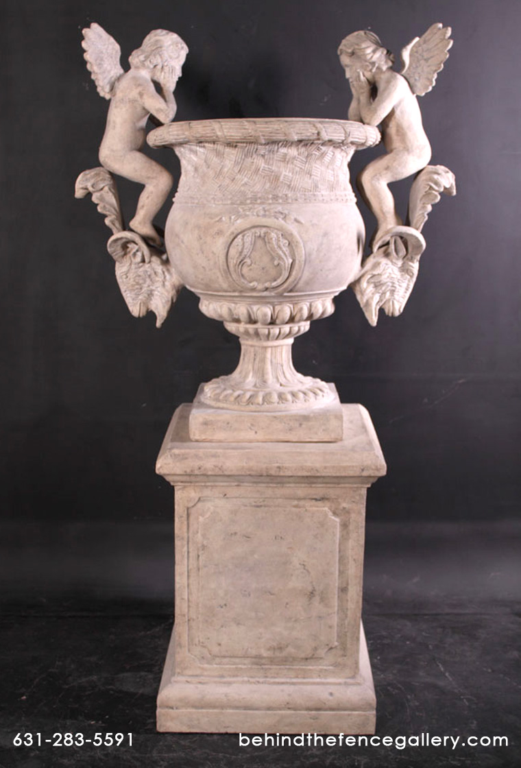 Angels Urn with Roman Stone Finish with Base Angels Urn with Roman Stone Finish with Base