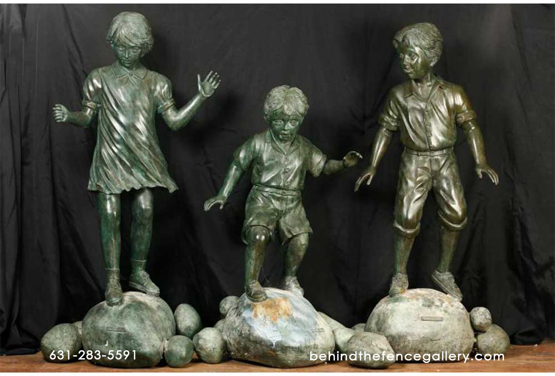 Bronze Kids Playing on Rock Statue Set Bronze Kids Playing on Rock Statue Set